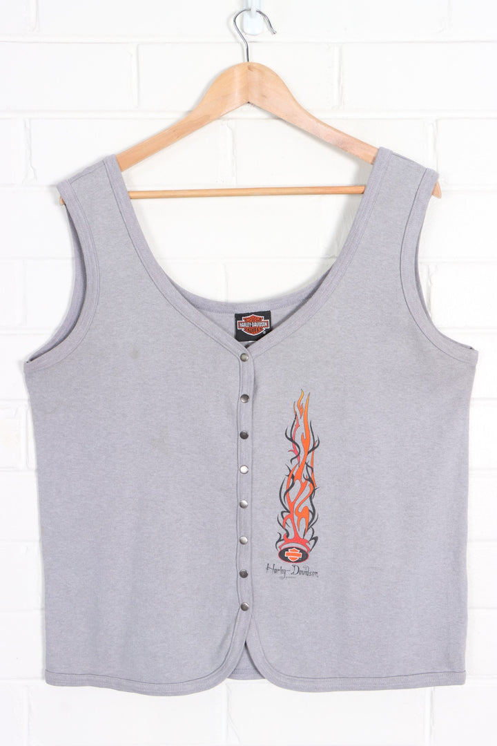 HARLEY DAVIDSON Y2K Flames Button Up Vest Top USA Made (Women's XL) - Vintage Sole Melbourne