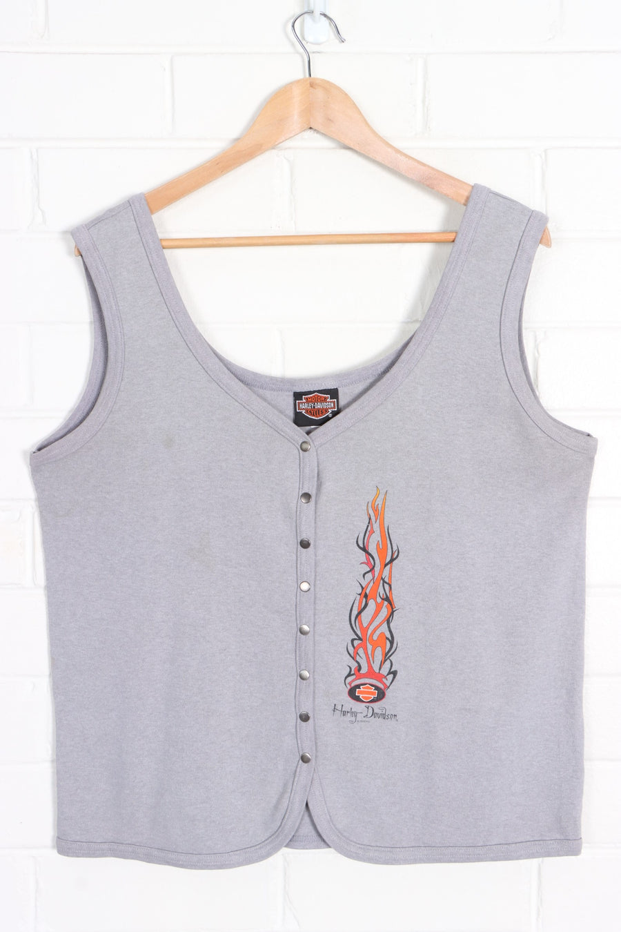 HARLEY DAVIDSON Y2K Flames Button Up Vest Top USA Made (Women's XL) - Vintage Sole Melbourne