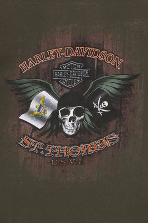 St Thomas HARLEY DAVIDSON Pirate Skull Front Back T-Shirt (L)