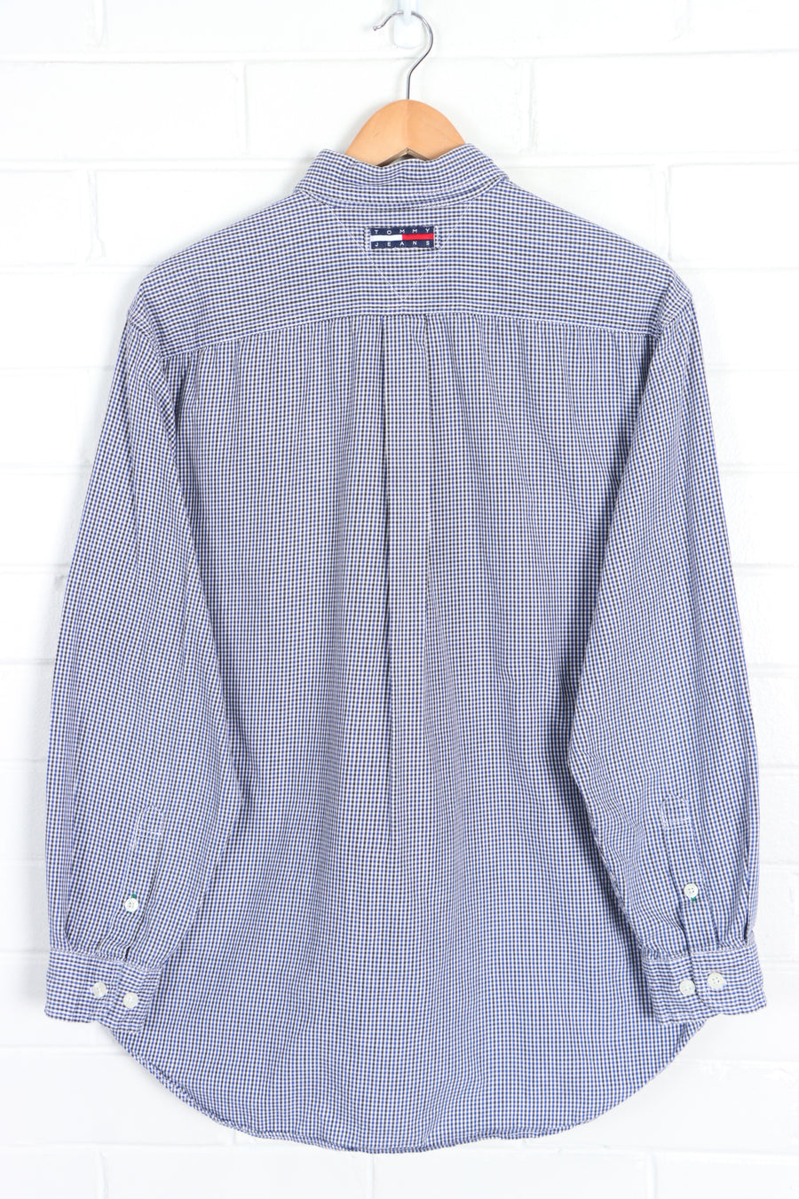 TOMMY HILFIGER JEANS Blue & Black Houndstooth Button Up Shirt (L) - Vintage Sole Melbourne