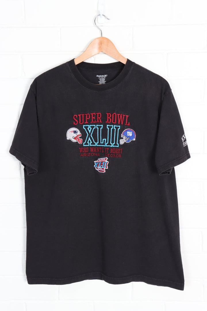 NFL Superbowl XLII 'Who Wants It More?' Patriots v Giants Embroidered REEBOK Tee (L)