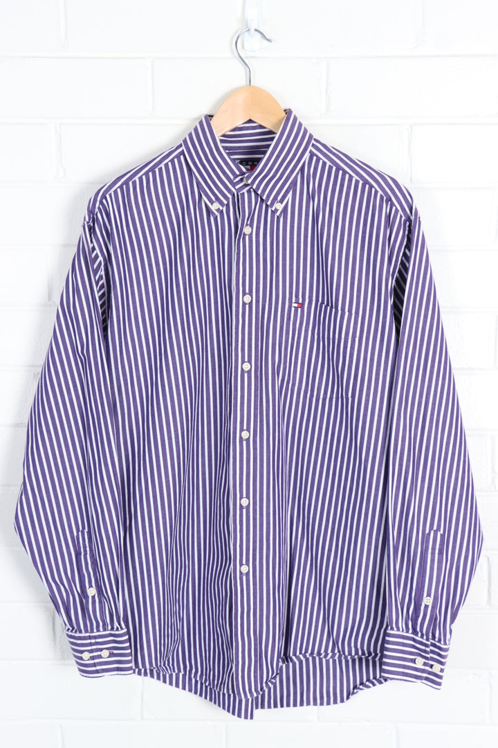 TOMMY HILFIGER Purple & White Stripe Long Sleeve Shirt (M) - Vintage Sole Melbourne