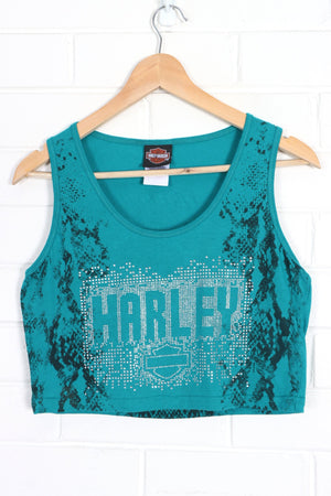 HARLEY DAVIDSON Embellished Teal Crop Tank Top USA Made (Women's S-M)