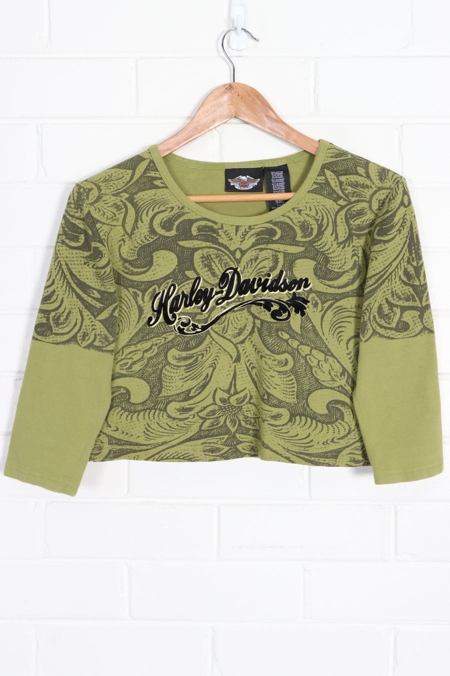 Olive Green HARLEY DAVIDSON Velvet Logo 3/4 Sleeve Crop Top (Women's M)
