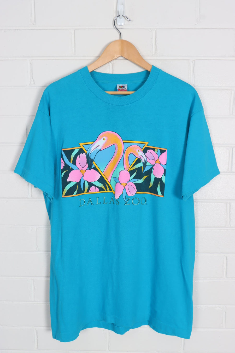 Blue Dallas Zoo Flamingos & Flowers Bright Colour Art Destination Tee (L) - Vintage Sole Melbourne