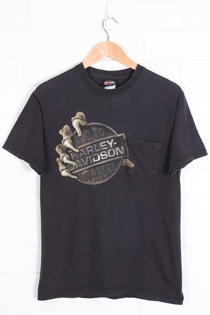 HARLEY DAVIDSON 'Bad to the Bone' Skeleton Front Pocket Tee (S-M) - Vintage Sole Melbourne