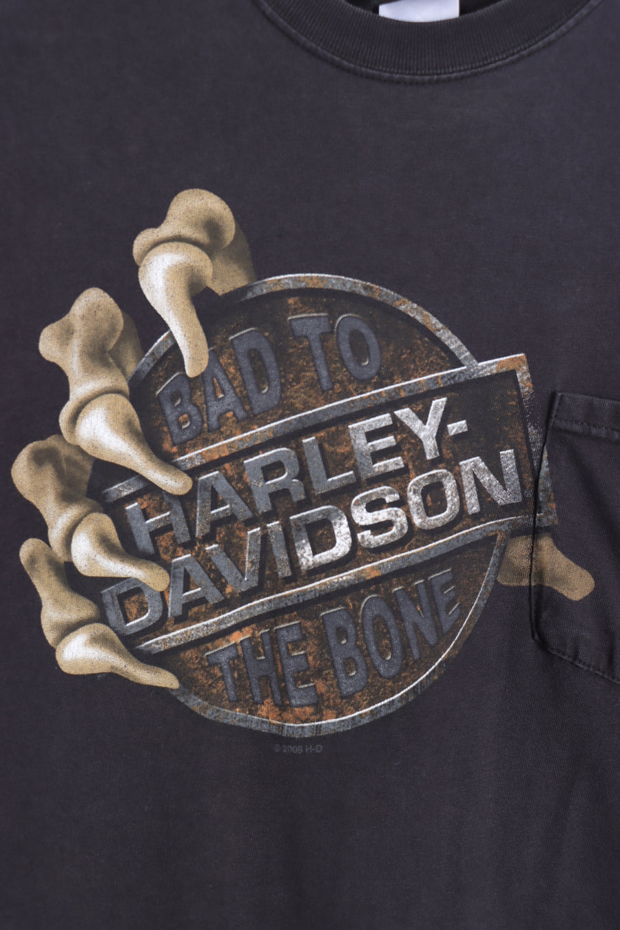 HARLEY DAVIDSON 'Bad to the Bone' Skeleton Front Pocket Tee (S-M) - Vintage Sole Melbourne