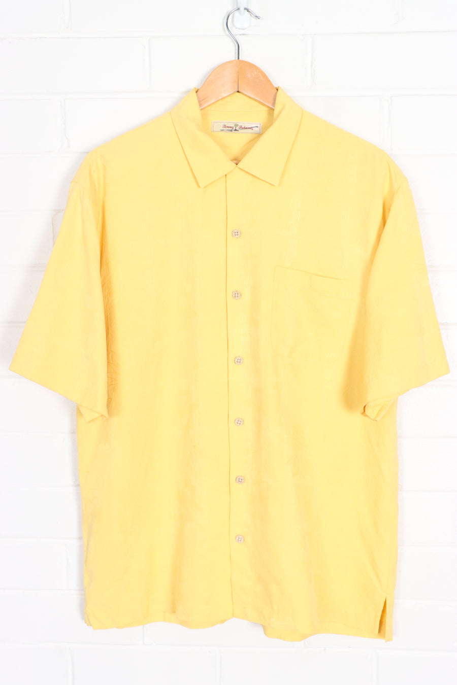TOMMY BAHAMA Yellow Embossed Pineapples Hawaiian Silk Shirt (L)