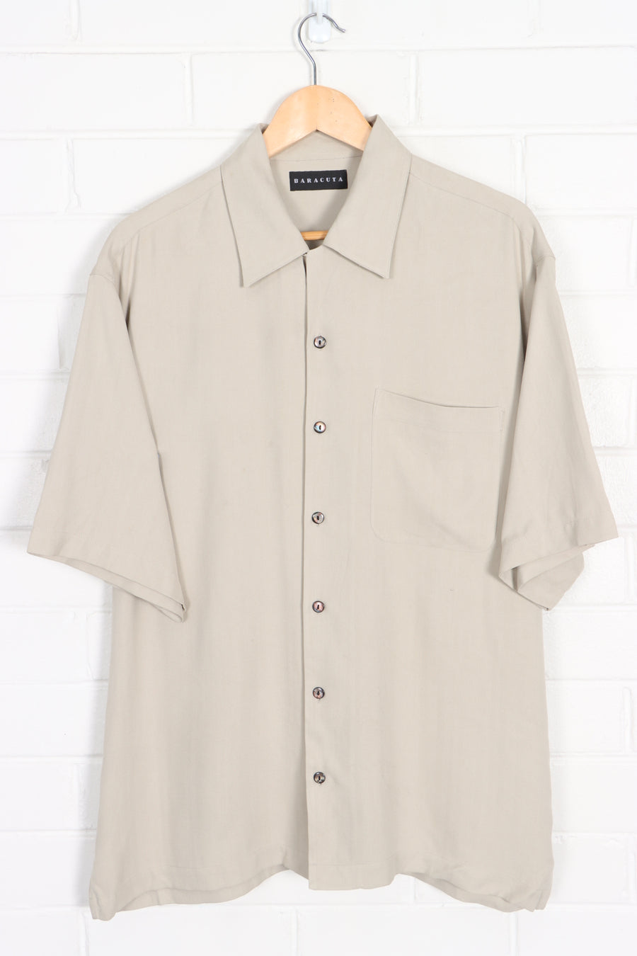 BARACUTA Khaki Short Sleeve Silk Shirt (L-XL) - Vintage Sole Melbourne