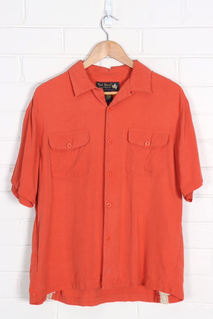 NAT NAST Deep Salmon Silk Button Up Stitch Detail Short Sleeve Shirt (L-XL) - Vintage Sole Melbourne