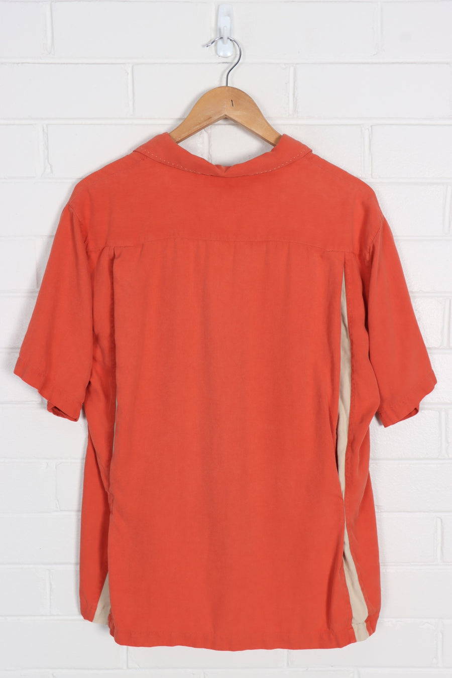 NAT NAST Deep Salmon Silk Button Up Stitch Detail Short Sleeve Shirt (L-XL) - Vintage Sole Melbourne