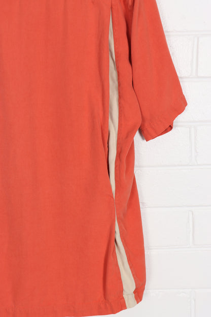 NAT NAST Deep Salmon Silk Button Up Stitch Detail Short Sleeve Shirt (L-XL) - Vintage Sole Melbourne
