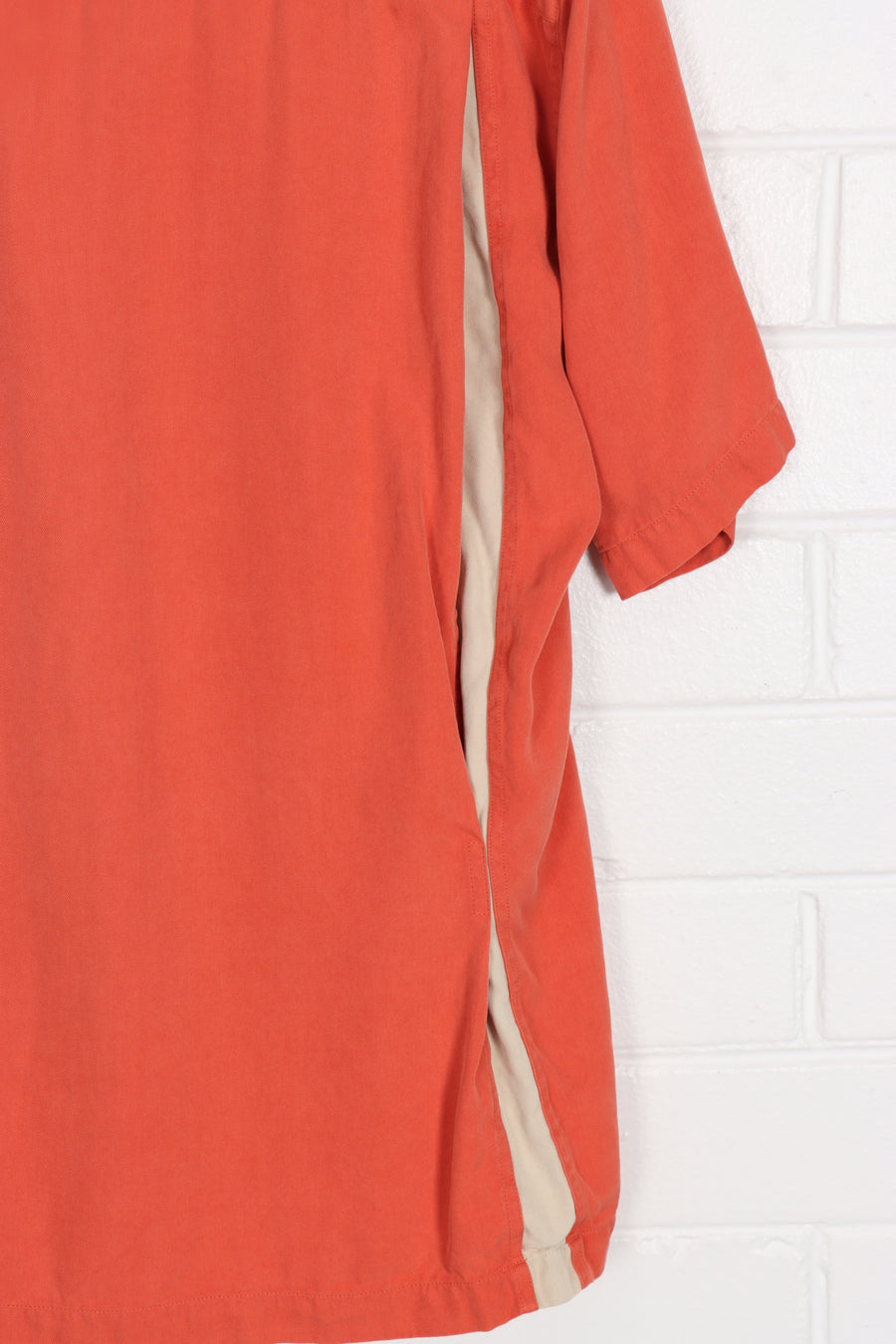 NAT NAST Deep Salmon Silk Button Up Stitch Detail Short Sleeve Shirt (L-XL) - Vintage Sole Melbourne