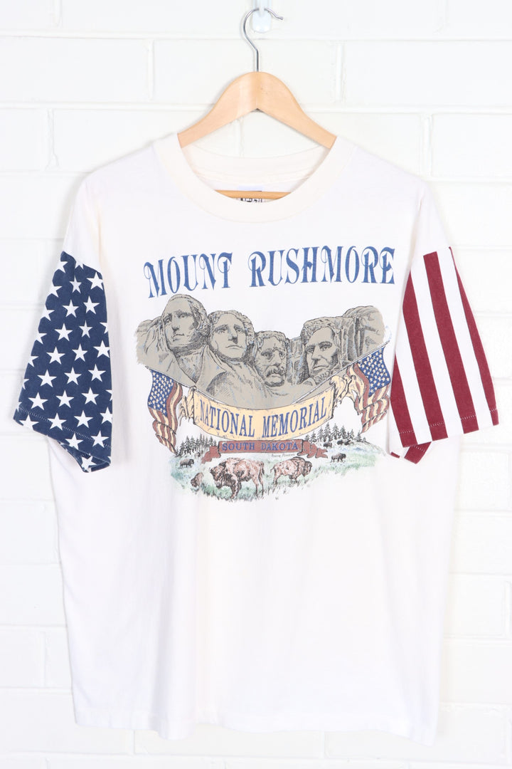 Mount Rushmore 90s American Flag Sleeve Single Stitch Tee (XL)