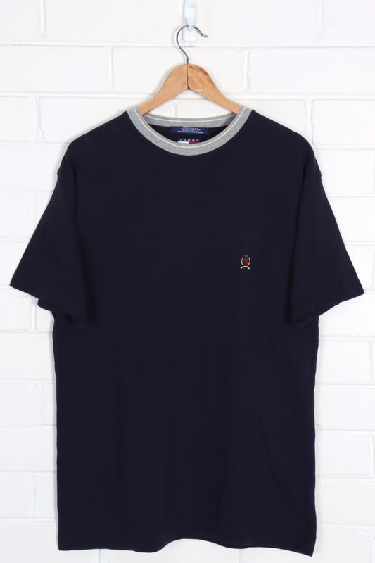 TOMMY HILFIGER Embroidered Crest Collar Detail Textured Tee (M) - Vintage Sole Melbourne